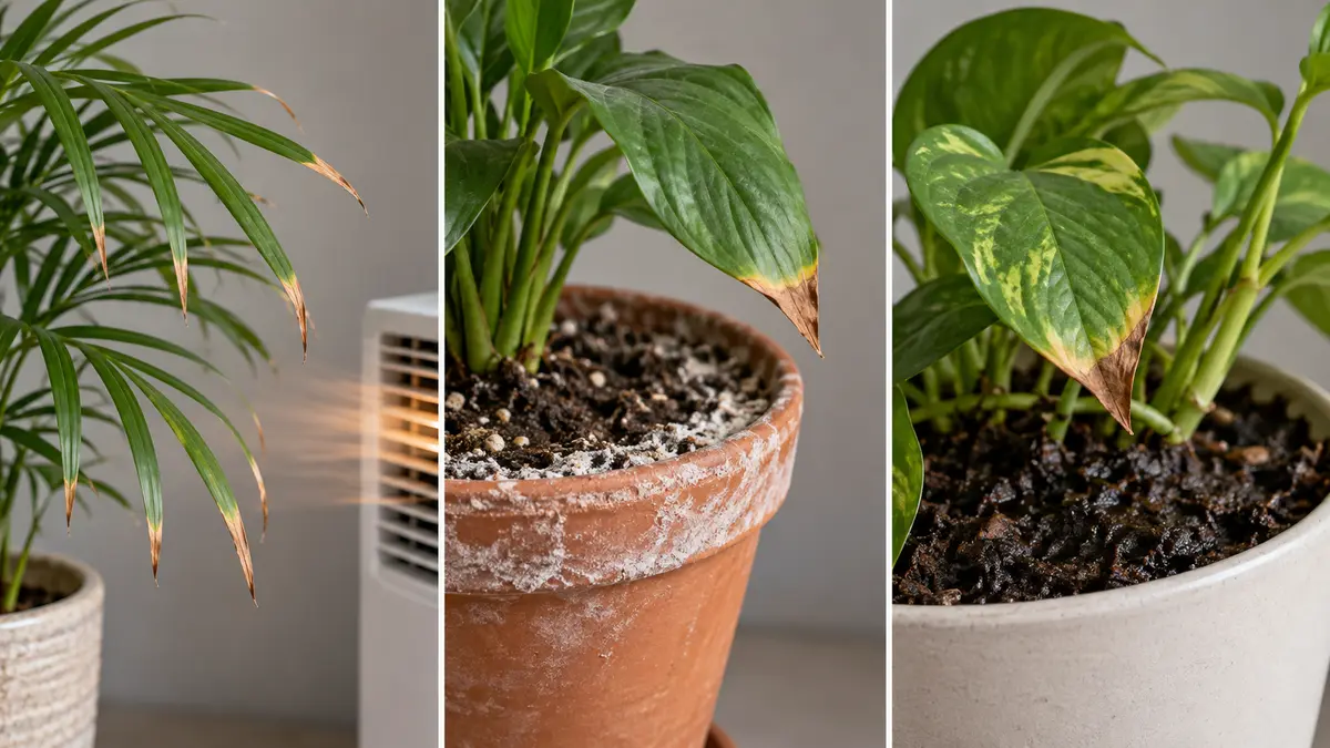 Three visual clues behind brown houseplant leaf tips: dry air, mineral salt buildup and wet compacted potting mix
