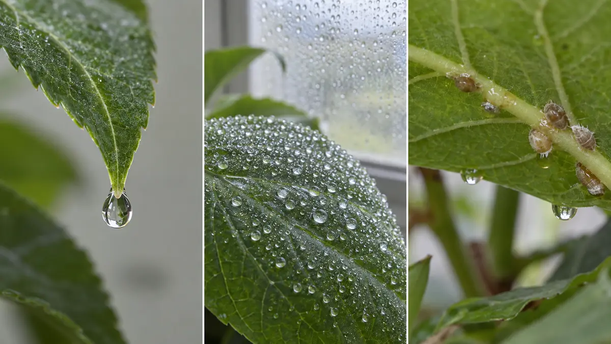Comparison of a guttation drop at a leaf tip, dew across a leaf surface and sticky honeydew beside scale insects